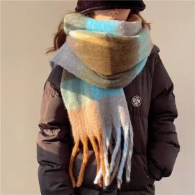 Women's Plaid Tassel Scarf Rainbow Color-blocking Shawl (Option: Blue Brown-About 245cm)