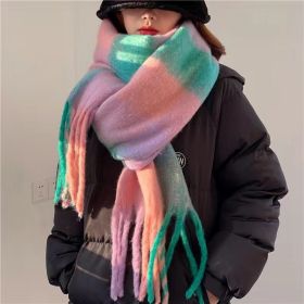 Women's Plaid Tassel Scarf Rainbow Color-blocking Shawl (Option: Green Pink-About 245cm)
