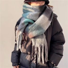 Women's Plaid Tassel Scarf Rainbow Color-blocking Shawl (Option: Blue Gray-About 245cm)